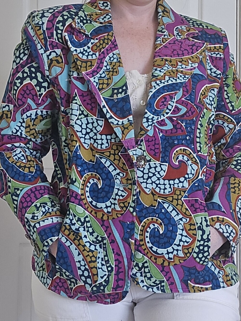 Vintage Corduroy Sequin Multicolor Paisley Blazer Jacket Statement Piece